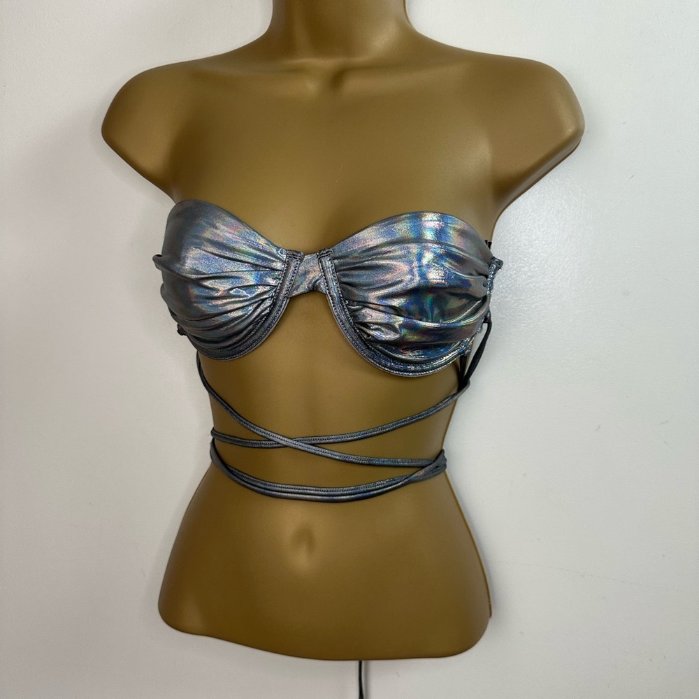 Club Exx X Dolls Kill Silver Holographic Underwire Strappy Rave Bra Top NWT M